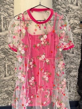 Sheer Floral Embroidered Babydoll Top – Pink Mesh Overlay – Size L